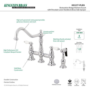Restoration KS3271PLBS Two-Handle 4-Hole Deck Mount Bridge Kitchen Faucet with Side Sprayer, Polished Chrome