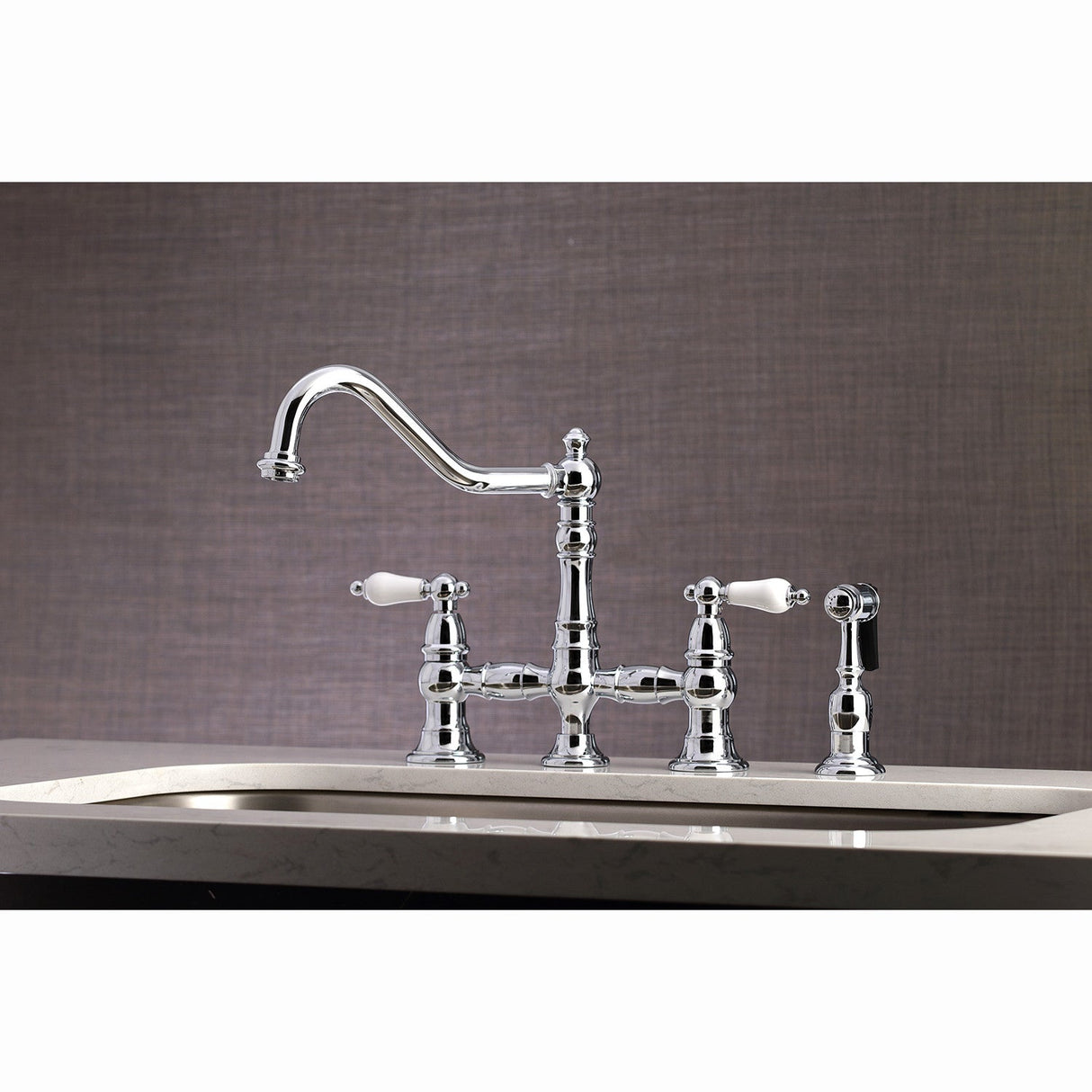 Restoration KS3271PLBS Two-Handle 4-Hole Deck Mount Bridge Kitchen Faucet with Side Sprayer, Polished Chrome