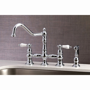 Restoration KS3271PLBS Two-Handle 4-Hole Deck Mount Bridge Kitchen Faucet with Side Sprayer, Polished Chrome