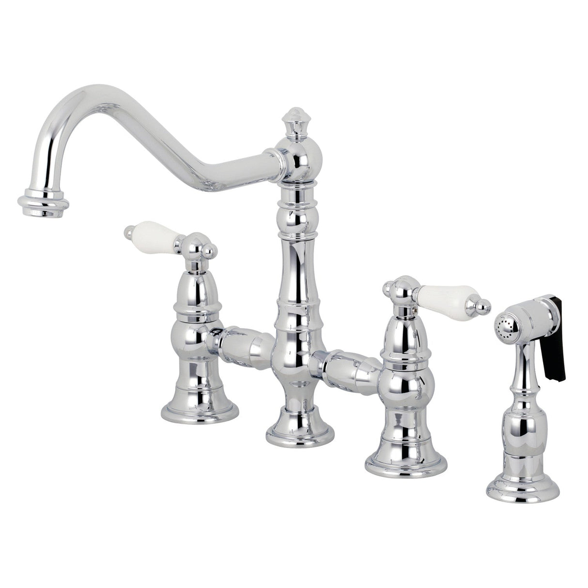 Restoration KS3271PLBS Two-Handle 4-Hole Deck Mount Bridge Kitchen Faucet with Side Sprayer, Polished Chrome