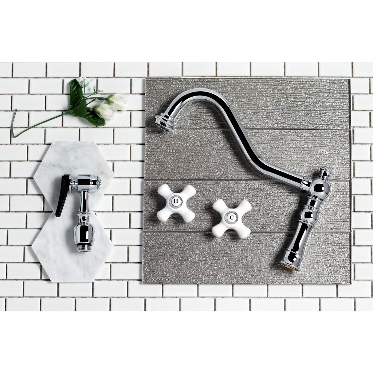 Restoration KS3271PXBS Two-Handle 4-Hole Deck Mount Bridge Kitchen Faucet with Side Sprayer, Polished Chrome