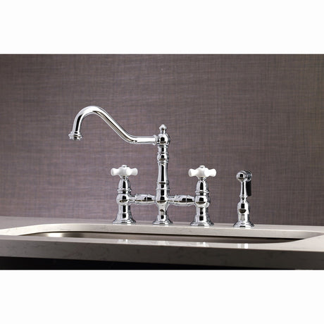 Restoration KS3271PXBS Two-Handle 4-Hole Deck Mount Bridge Kitchen Faucet with Side Sprayer, Polished Chrome