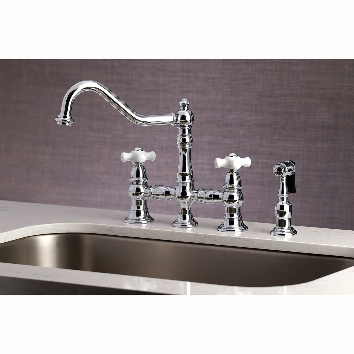 Restoration KS3271PXBS Two-Handle 4-Hole Deck Mount Bridge Kitchen Faucet with Side Sprayer, Polished Chrome