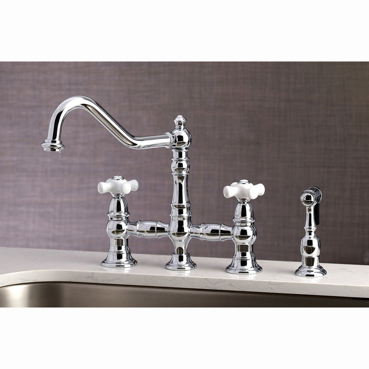 Restoration KS3271PXBS Two-Handle 4-Hole Deck Mount Bridge Kitchen Faucet with Side Sprayer, Polished Chrome