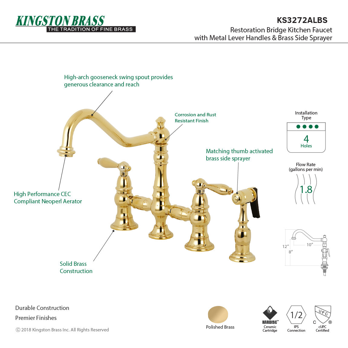 Restoration KS3272ALBS Two-Handle 4-Hole Deck Mount Bridge Kitchen Faucet with Side Sprayer, Polished Brass