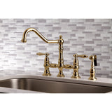 Restoration KS3272ALBS Two-Handle 4-Hole Deck Mount Bridge Kitchen Faucet with Side Sprayer, Polished Brass