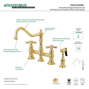 Restoration KS3272AXBS Two-Handle 4-Hole Deck Mount Bridge Kitchen Faucet with Side Sprayer, Polished Brass