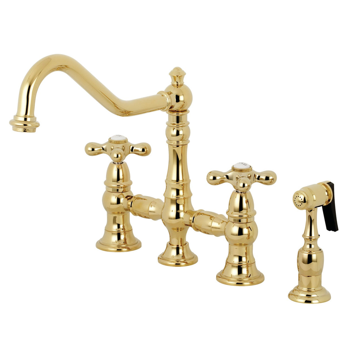 Restoration KS3272AXBS Two-Handle 4-Hole Deck Mount Bridge Kitchen Faucet with Side Sprayer, Polished Brass