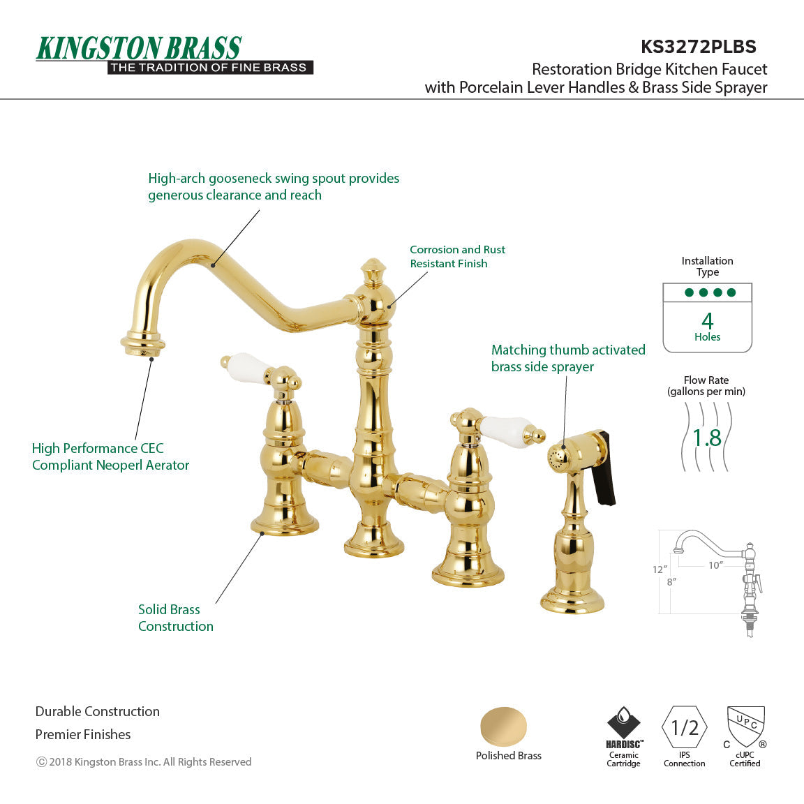 Restoration KS3272PLBS Two-Handle 4-Hole Deck Mount Bridge Kitchen Faucet with Side Sprayer, Polished Brass