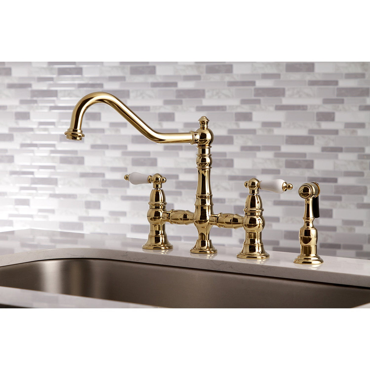 Restoration KS3272PLBS Two-Handle 4-Hole Deck Mount Bridge Kitchen Faucet with Side Sprayer, Polished Brass