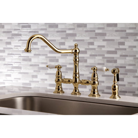 Restoration KS3272PLBS Two-Handle 4-Hole Deck Mount Bridge Kitchen Faucet with Side Sprayer, Polished Brass