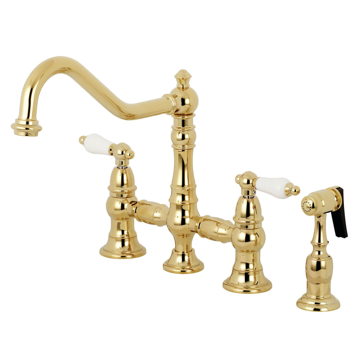 Restoration KS3272PLBS Two-Handle 4-Hole Deck Mount Bridge Kitchen Faucet with Side Sprayer, Polished Brass