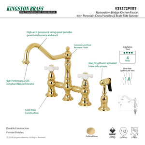 Restoration KS3272PXBS Two-Handle 4-Hole Deck Mount Bridge Kitchen Faucet with Side Sprayer, Polished Brass