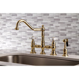 Restoration KS3272PXBS Two-Handle 4-Hole Deck Mount Bridge Kitchen Faucet with Side Sprayer, Polished Brass