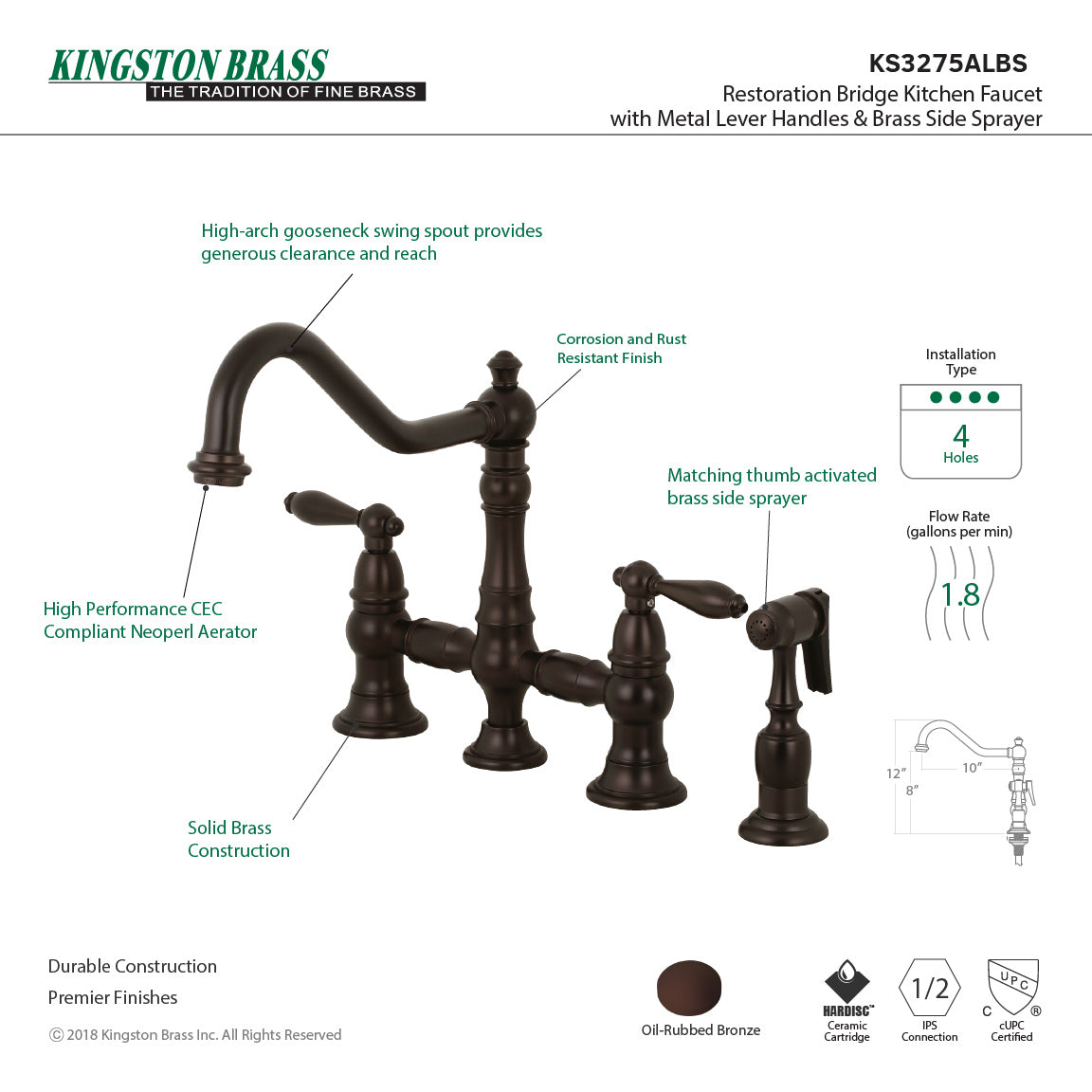 Restoration KS3275ALBS Two-Handle 4-Hole Deck Mount Bridge Kitchen Faucet with Side Sprayer, Oil Rubbed Bronze