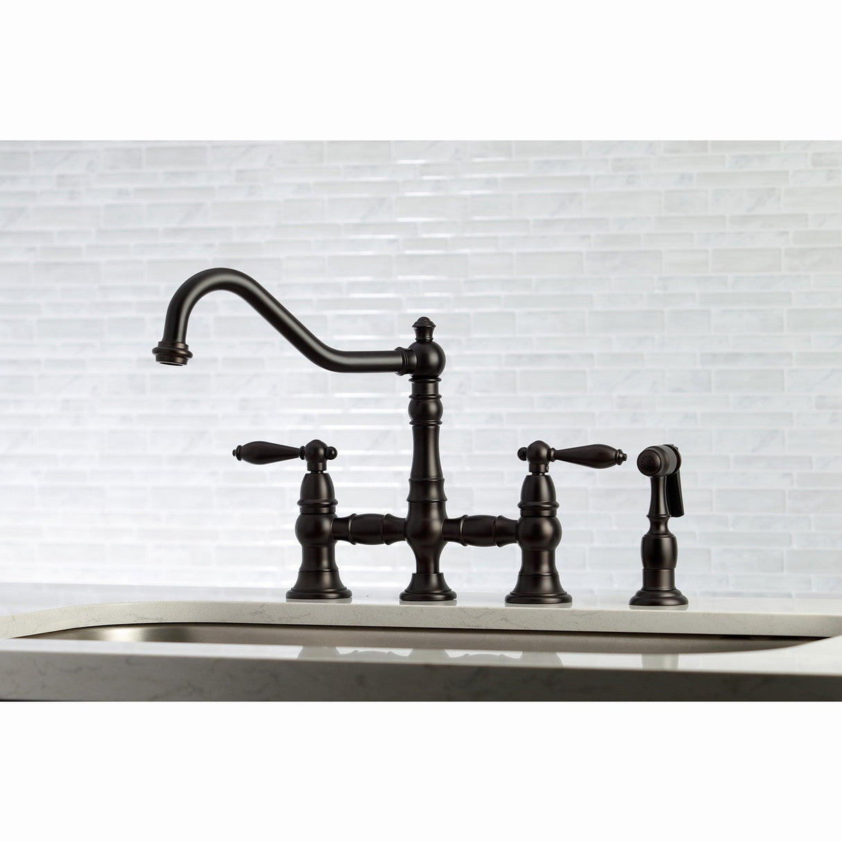 Restoration KS3275ALBS Two-Handle 4-Hole Deck Mount Bridge Kitchen Faucet with Side Sprayer, Oil Rubbed Bronze