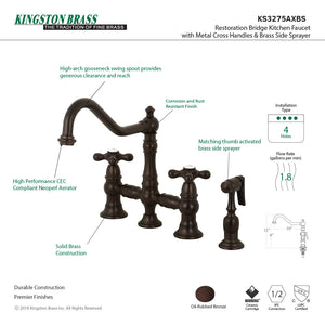 Restoration KS3275AXBS Two-Handle 4-Hole Deck Mount Bridge Kitchen Faucet with Side Sprayer, Oil Rubbed Bronze
