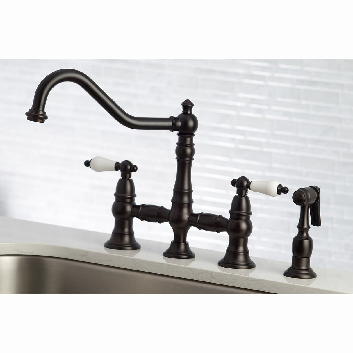 Restoration KS3275PLBS Two-Handle 4-Hole Deck Mount Bridge Kitchen Faucet with Side Sprayer, Oil Rubbed Bronze