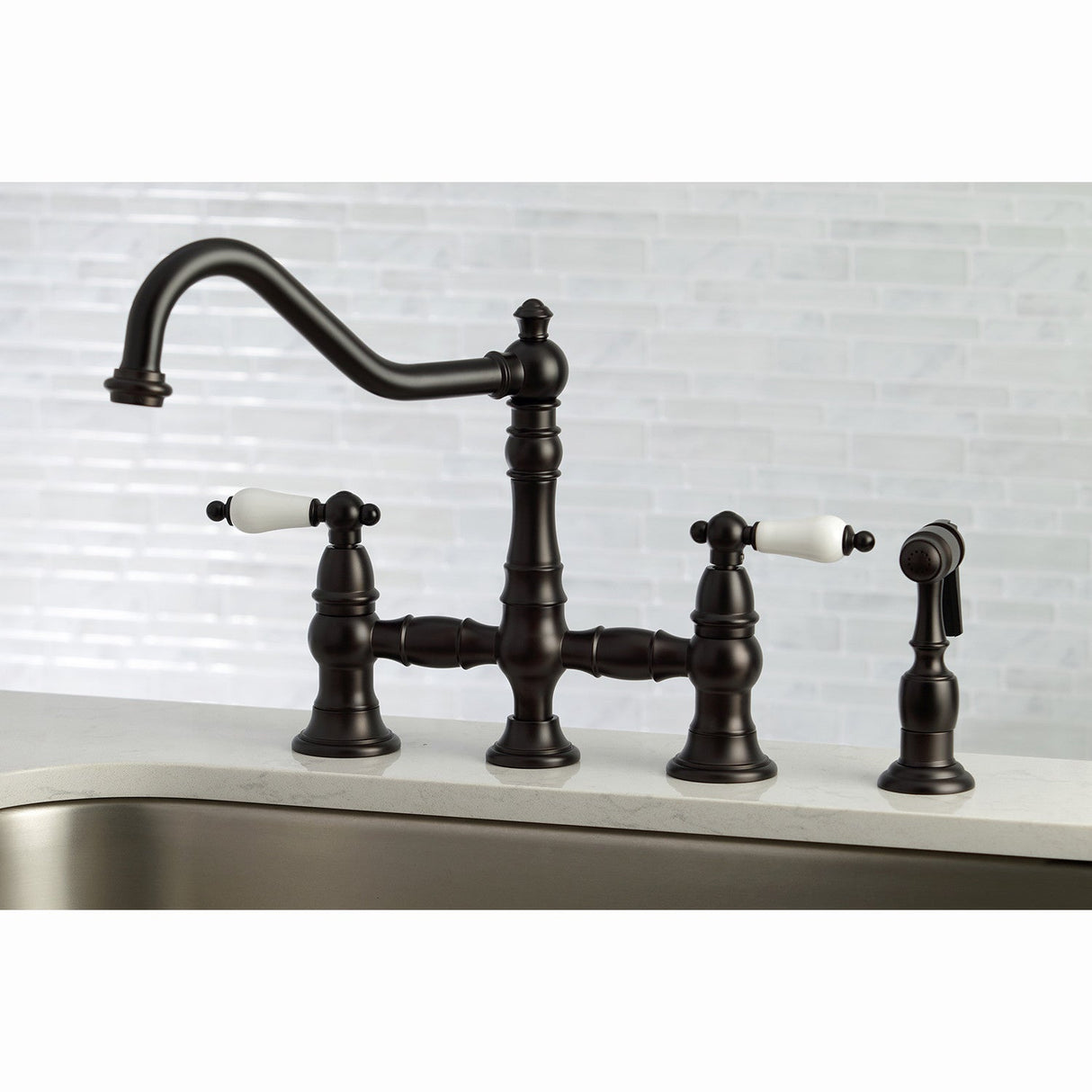 Restoration KS3275PLBS Two-Handle 4-Hole Deck Mount Bridge Kitchen Faucet with Side Sprayer, Oil Rubbed Bronze