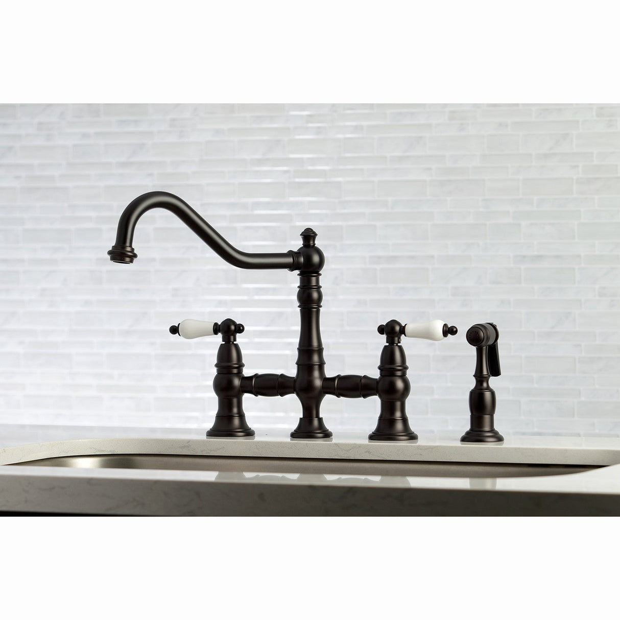 Restoration KS3275PLBS Two-Handle 4-Hole Deck Mount Bridge Kitchen Faucet with Side Sprayer, Oil Rubbed Bronze