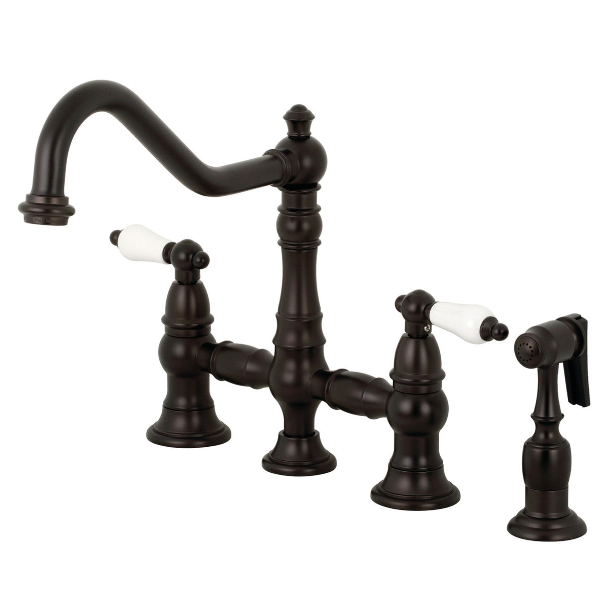 Restoration KS3275PLBS Two-Handle 4-Hole Deck Mount Bridge Kitchen Faucet with Side Sprayer, Oil Rubbed Bronze