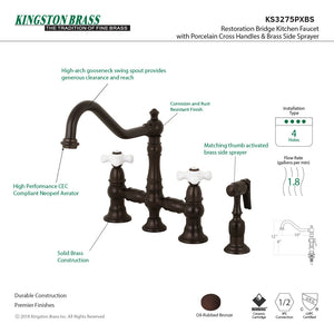 Restoration KS3275PXBS Two-Handle 4-Hole Deck Mount Bridge Kitchen Faucet with Side Sprayer, Oil Rubbed Bronze