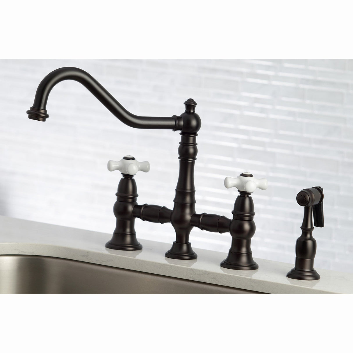 Restoration KS3275PXBS Two-Handle 4-Hole Deck Mount Bridge Kitchen Faucet with Side Sprayer, Oil Rubbed Bronze
