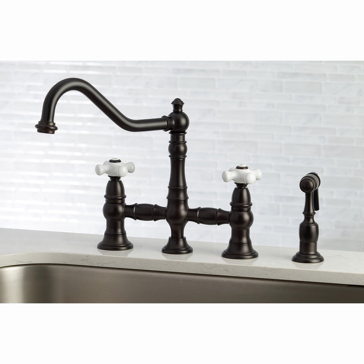 Restoration KS3275PXBS Two-Handle 4-Hole Deck Mount Bridge Kitchen Faucet with Side Sprayer, Oil Rubbed Bronze