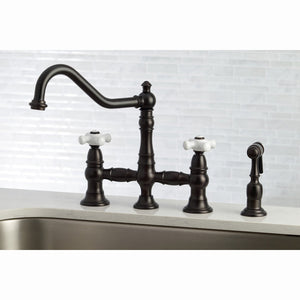 Restoration KS3275PXBS Two-Handle 4-Hole Deck Mount Bridge Kitchen Faucet with Side Sprayer, Oil Rubbed Bronze