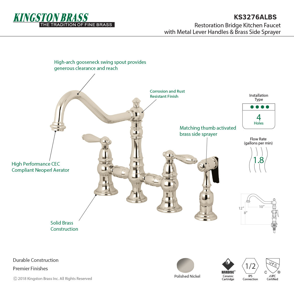 Restoration KS3276ALBS Two-Handle 4-Hole Deck Mount Bridge Kitchen Faucet with Side Sprayer, Polished Nickel