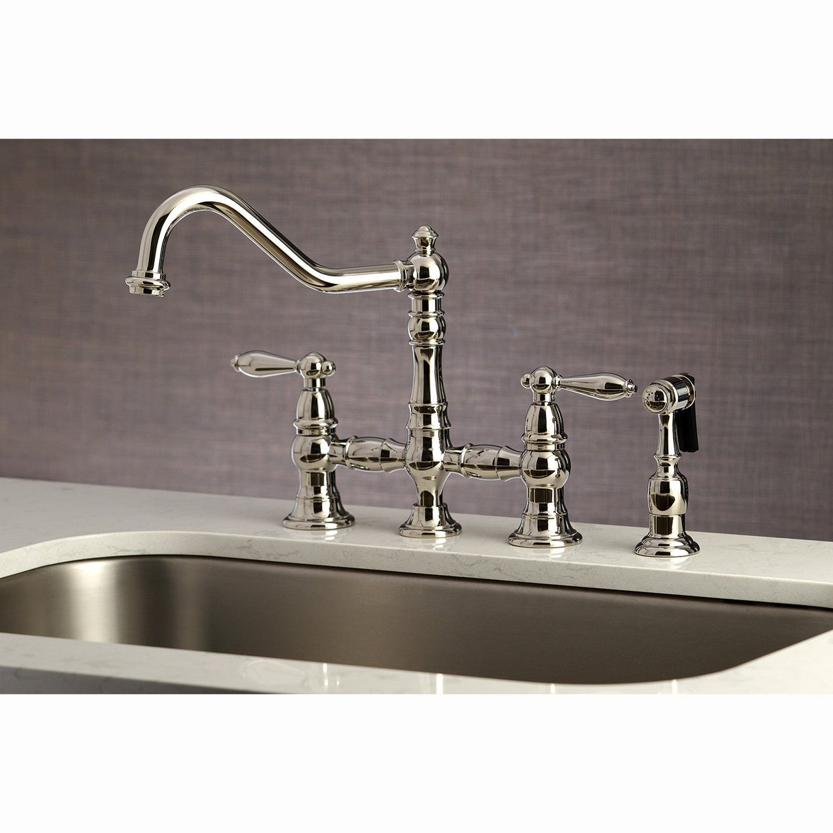 Restoration KS3276ALBS Two-Handle 4-Hole Deck Mount Bridge Kitchen Faucet with Side Sprayer, Polished Nickel