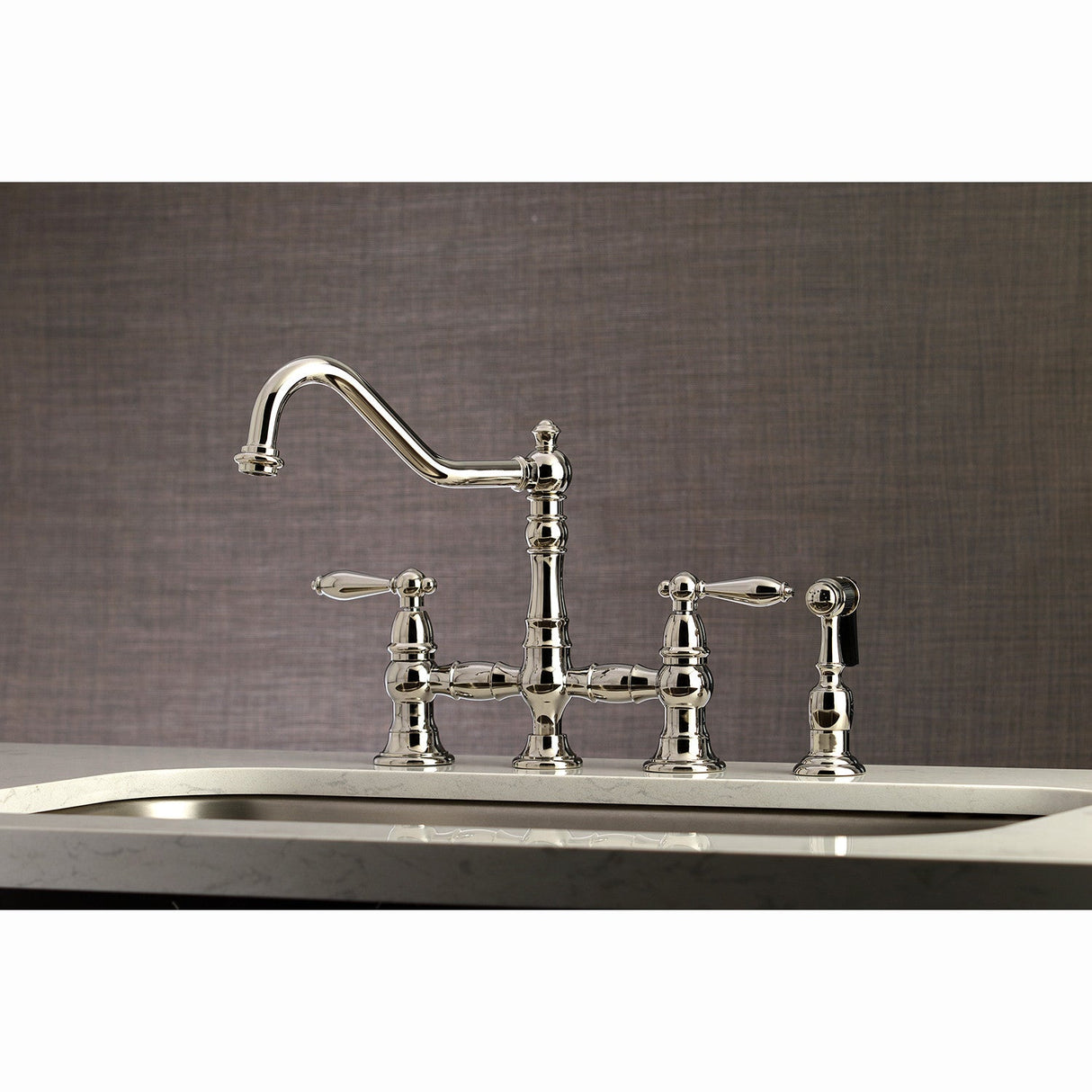 Restoration KS3276ALBS Two-Handle 4-Hole Deck Mount Bridge Kitchen Faucet with Side Sprayer, Polished Nickel