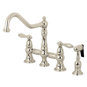 Restoration KS3276ALBS Two-Handle 4-Hole Deck Mount Bridge Kitchen Faucet with Side Sprayer, Polished Nickel