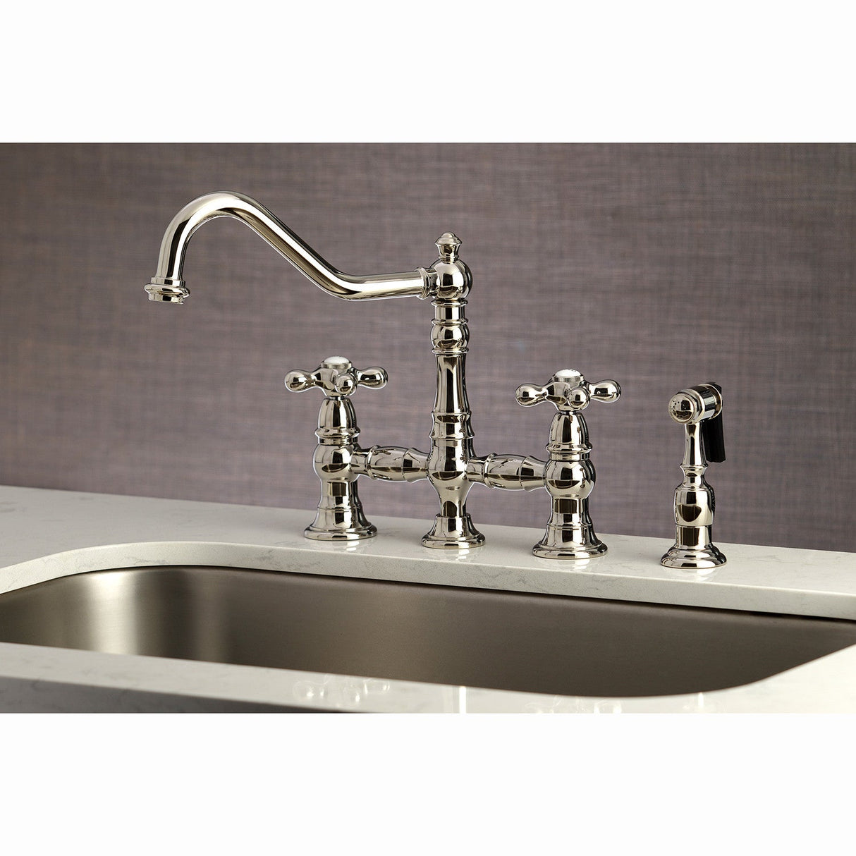 Restoration KS3276AXBS Two-Handle 4-Hole Deck Mount Bridge Kitchen Faucet with Side Sprayer, Polished Nickel