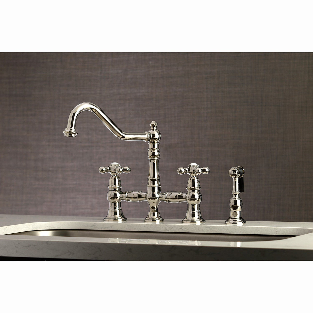 Restoration KS3276AXBS Two-Handle 4-Hole Deck Mount Bridge Kitchen Faucet with Side Sprayer, Polished Nickel