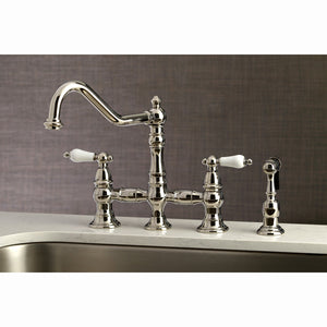 Restoration KS3276PLBS Two-Handle 4-Hole Deck Mount Bridge Kitchen Faucet with Side Sprayer, Polished Nickel