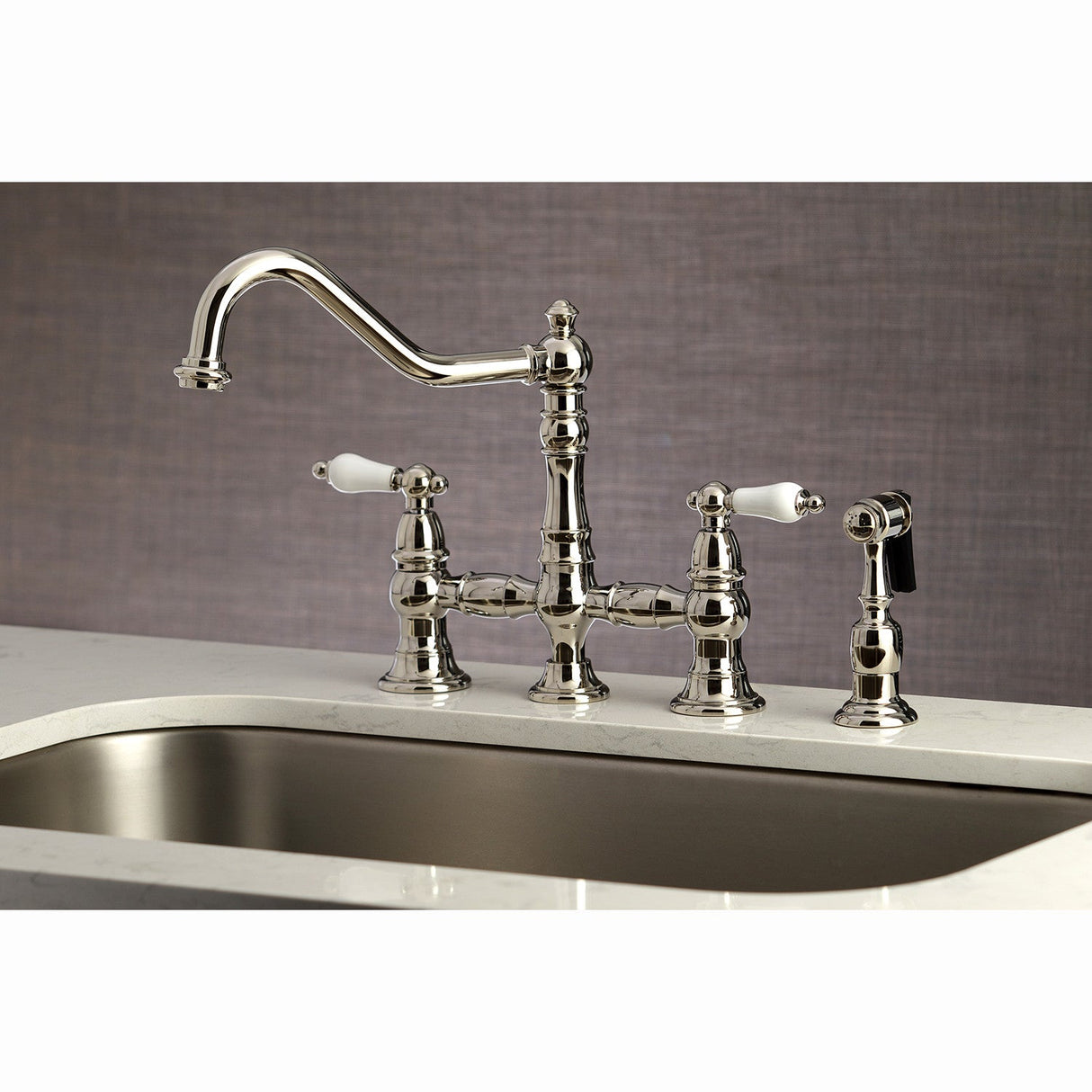 Restoration KS3276PLBS Two-Handle 4-Hole Deck Mount Bridge Kitchen Faucet with Side Sprayer, Polished Nickel