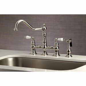 Restoration KS3276PLBS Two-Handle 4-Hole Deck Mount Bridge Kitchen Faucet with Side Sprayer, Polished Nickel