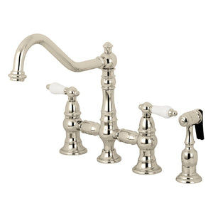 Restoration KS3276PLBS Two-Handle 4-Hole Deck Mount Bridge Kitchen Faucet with Side Sprayer, Polished Nickel