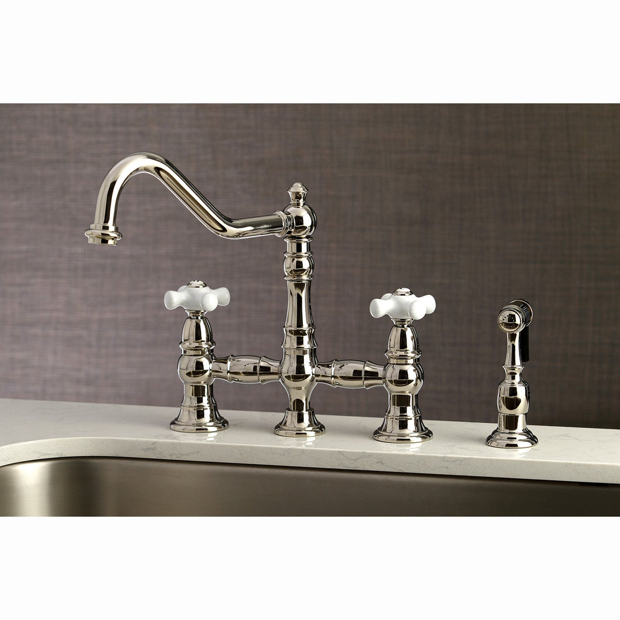 Restoration KS3276PXBS Two-Handle 4-Hole Deck Mount Bridge Kitchen Faucet with Side Sprayer, Polished Nickel