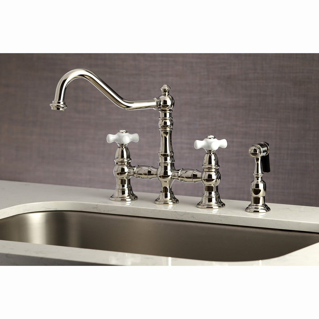 Restoration KS3276PXBS Two-Handle 4-Hole Deck Mount Bridge Kitchen Faucet with Side Sprayer, Polished Nickel