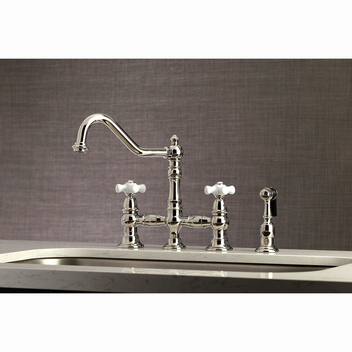 Restoration KS3276PXBS Two-Handle 4-Hole Deck Mount Bridge Kitchen Faucet with Side Sprayer, Polished Nickel