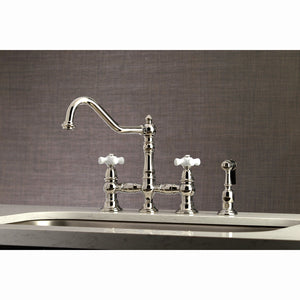 Restoration KS3276PXBS Two-Handle 4-Hole Deck Mount Bridge Kitchen Faucet with Side Sprayer, Polished Nickel