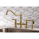 Restoration KS3277ALBS Two-Handle 4-Hole Deck Mount Bridge Kitchen Faucet with Side Sprayer, Brushed Brass