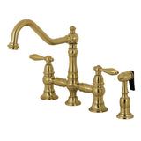 Restoration KS3277ALBS Two-Handle 4-Hole Deck Mount Bridge Kitchen Faucet with Side Sprayer, Brushed Brass