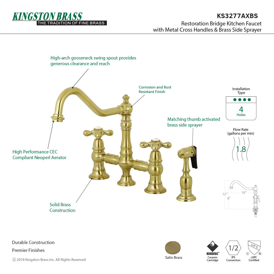 Restoration KS3277AXBS Two-Handle 4-Hole Deck Mount Bridge Kitchen Faucet with Side Sprayer, Brushed Brass