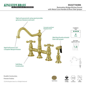 Restoration KS3277AXBS Two-Handle 4-Hole Deck Mount Bridge Kitchen Faucet with Side Sprayer, Brushed Brass