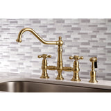 Restoration KS3277AXBS Two-Handle 4-Hole Deck Mount Bridge Kitchen Faucet with Side Sprayer, Brushed Brass