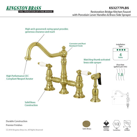 Restoration KS3277PLBS Two-Handle 4-Hole Deck Mount Bridge Kitchen Faucet with Side Sprayer, Brushed Brass