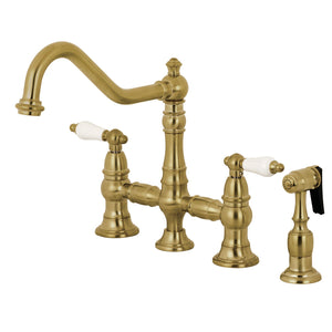 Restoration KS3277PLBS Two-Handle 4-Hole Deck Mount Bridge Kitchen Faucet with Side Sprayer, Brushed Brass